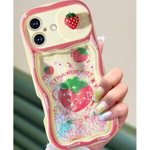 Iphone 16, 16 Pro Max Strawberry Glitter Liquid Quicksand Sliding Camera Cover